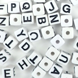 Plastic White Vertical Hole Alphabet Beads, 11mm Cube, Vowel Set, 60 beads