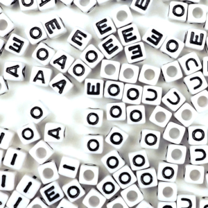 Plastic White Alphabet Vowel Beads, 7mm Cube, (Horizontal), Random Mix, 375 beads