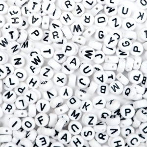 Plastic White 7mm Round Alphabet Number Beads, (Horizontal), Single Letter / Number, 100 beads