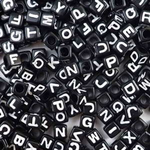 Plastic Black 7mm Cube Alphabet Beads, (Horizontal) Single Letters, 75 beads